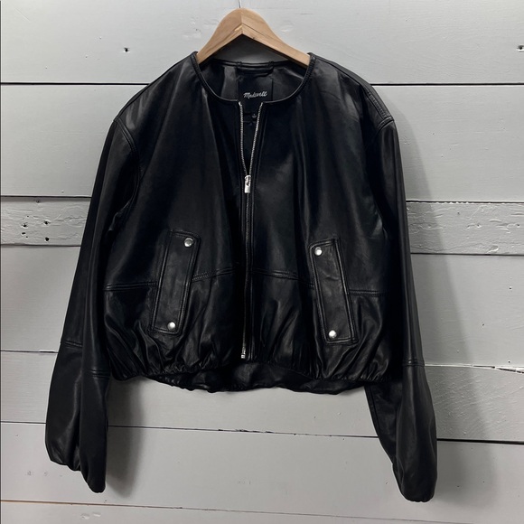 NWT Madewell Black Lambs Leather Crop Bubble Sleeve Jacket Size Large - Picture 3 of 8